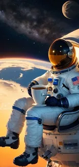 Astronaut sipping coffee in space against Earth's backdrop, with a mesmerizing galaxy view.