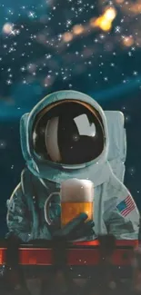 Astronaut enjoying a drink under a starry cosmic sky.