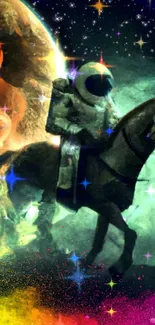 Astronaut on a horse with a cosmic, colorful background.