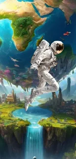 Astronaut floating by magical floating planet with waterfalls.