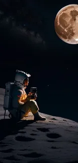 Astronaut on lunar surface with a glowing moon in the dark starry night sky.