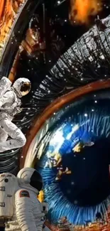 Astronauts exploring a galaxy-themed eye artwork.
