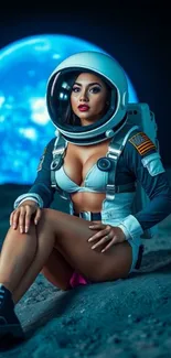 Female astronaut against a cosmic moonlit backdrop.
