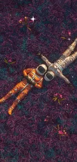 Astronauts lying in vibrant purple forest scene.