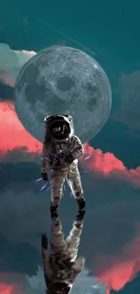 Surreal astronaut wallpaper with moon and colorful sky reflection.