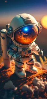 Surreal astronaut on an alien planet with vibrant orange hues.