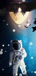 Astronaut and witch in a magical night scene with moon and snowflakes.