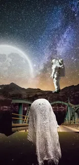 Surreal scene with astronaut and ghost by a bridge under a starry night sky.