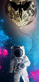 Astronaut in a cosmic fantasy scene with moon and vibrant colors.