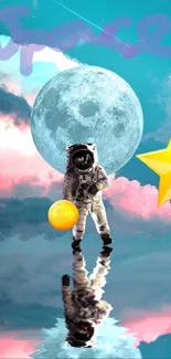 Astronaut wallpaper with moon and star on sky blue background.