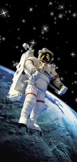 Astronaut in space above Earth with stars in the background.