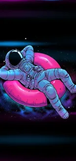 Astronaut on a pink donut floating in space on a black background.