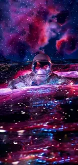 Astronaut in a vibrant cosmic ocean with galaxies.