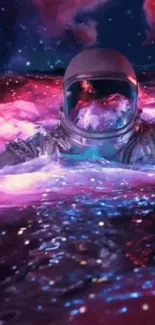 Astronaut floating in a vibrant galaxy with pink and purple hues.