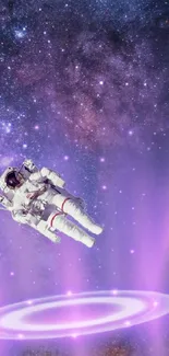 Astronaut floats in purple galaxy with glowing aura.