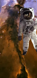 Astronaut floating in the cosmos with a backdrop of nebula and stars.