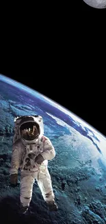 Astronaut floating above Earth with a distant moon.