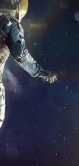 Astronaut floating in dark space surrounded by stars.