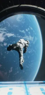 Astronaut in space above Earth with blue sky.