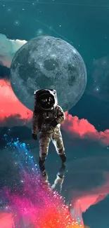 Astronaut floating in space with colorful nebulas and a large moon backdrop.