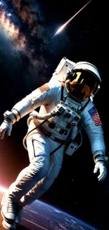 Astronaut floating in space with galaxy and shooting star background.