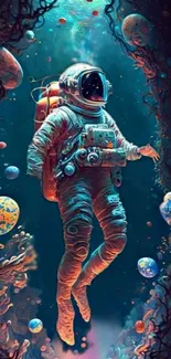 Vibrant astronaut floating in space with colorful planets and cosmic background.