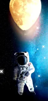 Astronaut floating with moon balloon in starry space.