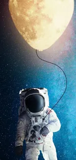 Astronaut holds moon balloon in space art.