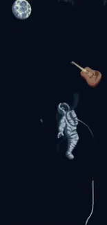 Astronaut and guitar floating in space under moonlight.