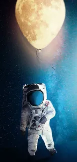 Astronaut floating in space with moon balloon, cosmic art.