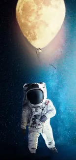 Astronaut holding glowing moon balloon in starry space.