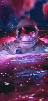 Astronaut floating in a vibrant cosmic sea with purple and pink hues.