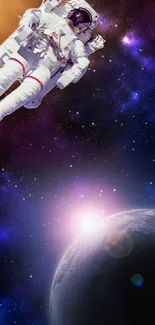 Astronaut floating in colorful space scene with planet.