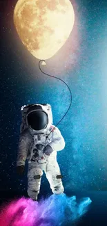 Astronaut holding moon balloon in vibrant space scene.