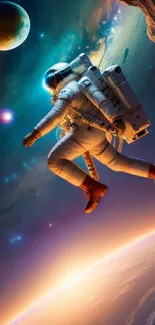 Astronaut floating in vibrant space scene with galaxy backdrop.