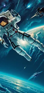 Illustration of an astronaut floating in space with a cosmic background.