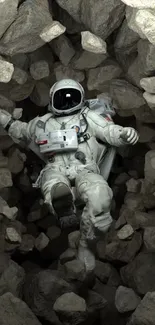 Astronaut floating among rocks in space.