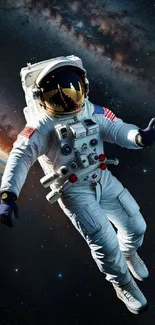 Astronaut in white suit floating in space with Earth in the background.