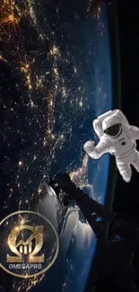 Floating astronaut over illuminated Earth at night.