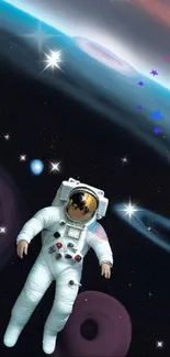 Astronaut floating in vibrant space scene with planets and stars.