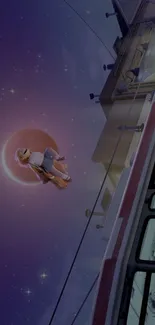 Astronaut floating in space with stars and red moon in background.