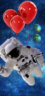 Astronaut floating with red balloons in space with a cosmic background.