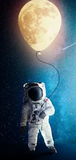 Astronaut holding a moon balloon with a starry sky background.