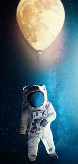 Astronaut floating under a moon in space with a starry background.