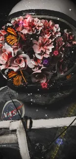 Astronaut helmet filled with flowers and butterflies, set in space.