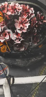 Wallpaper of astronaut helmet with pink flowers and butterflies.