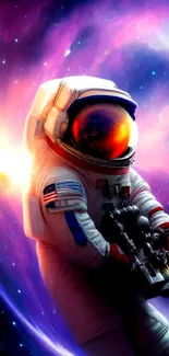 Astronaut floating in vibrant galaxy