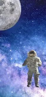 Astronaut exploring galaxy with moon view background wallpaper.