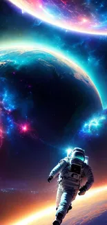 Astronaut exploring vibrant galaxy with colorful planets.