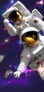 Two astronauts floating in a vibrant galaxy with colorful celestial objects.